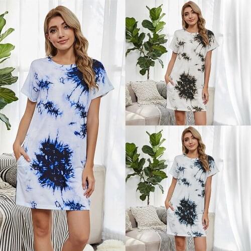 2021 Summer Loose High Waist Womens Clothing, Round Neck Pullover Tie-dye Home Wear, Short Large Size Printing Dress Long Women
