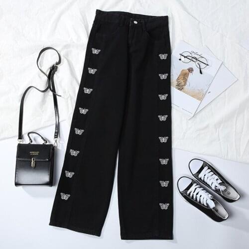 Harajuku Jeans Women Autumn 2021 Female Butterfly Embroidery High Waist Straight Pants Vintage Women Jeans Streetwear