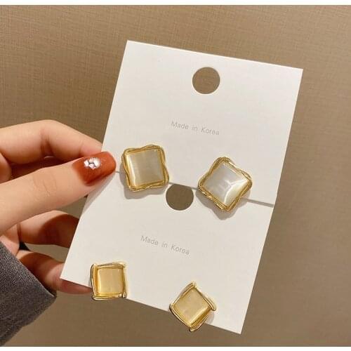 Exquisite Transparent Opal Stone Stud Earrings For Women Luxury Zircon Gold Color Flower Geometric Square Earring Korea Jewelry