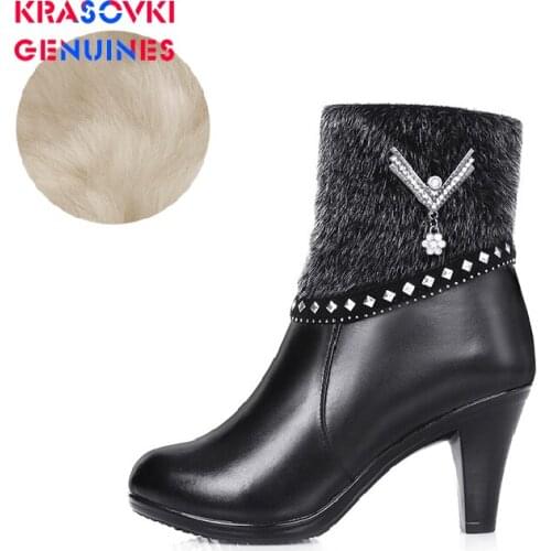 Krasovki Genuines Wool Women Snow Boots High Heel Genuine Leather Fur Warm Plush Ankle Boots Platform for Women Winter Boots