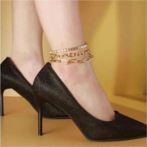 3 Pcs/Set 2021 Multilayer Cuban Chains Anklet Set Fashion Hip Hop Gothic Gold Color Exaggerated Barefoot Ankle Bracelet For Wome