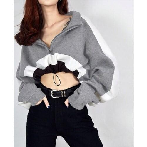 Ladies Spring Autumn Sexy Crop Tops Fashion Stand Collar Long Sleeve Sweatshirts Female Fashion Hit Color Casual Pullovers Z66