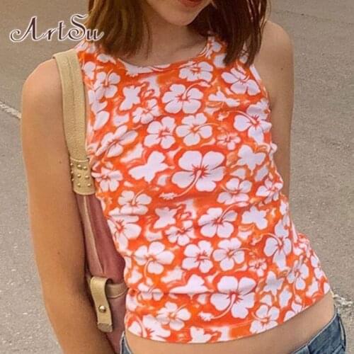 ArtSu Casual Tops Summer Women Floral Print Tank O Neck Sleeveless Tee Streetwear Y2K Orange Basic Vest Crop Top Female VE52964