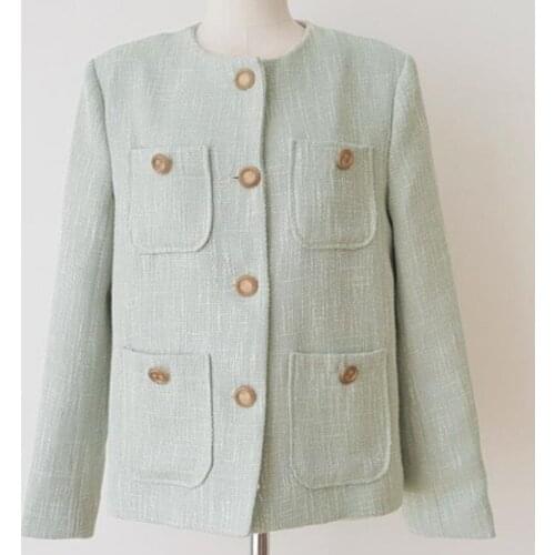 French Style temperament o-neck pocket tweed jacket women loose long-sleeved single breasted loose top outerwear