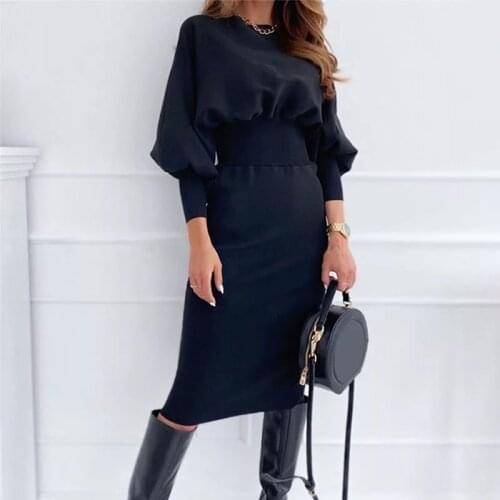 Autumn Fashion Office Lady Dress O-neck Long Sleeve Bodycon Pencil Dress Women Elegant Slim Black Pink Dresses 2021 Robe Femme