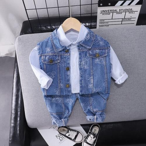 New Children Autumn Wear Suit Boys Girls Denim Vest Shirt Pants Jeans 3Pcs/sets Kids Infant Clothing Toddler Fashion Sportswear