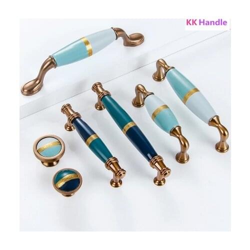 American wardrobe handle door light luxury golden European style handle kitchen cabinet drawer Blue ceramic furniture handle