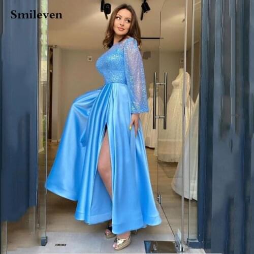 Smileven Blue Long Sleeve Formal Evening Dress A Line Side Split Prom Party Dress Corset Lace Up Back Party Gown Custom Made