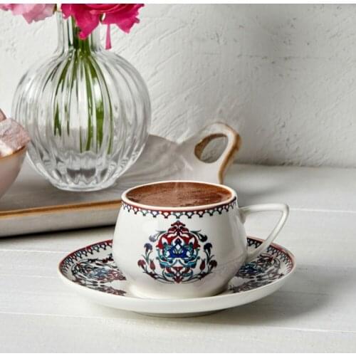 Karaca Nakkas Porcelain Turkish Coffee Cup Boxed Set with 6 Cups and 6 Saucers