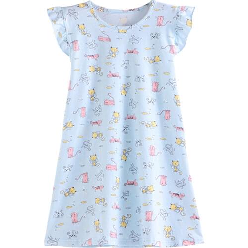 Summer New Childrens Nightdress Girls' Pajamas Short Sleeve Girls' Home Clothes Pure Cotton Thin Breathable Cool Feeling