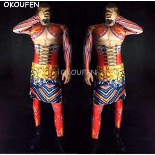 Fashion New Sexy printed Costumes Bar nightclub male singer DJ 3D fake muscle Robes theme party stage show dance wear