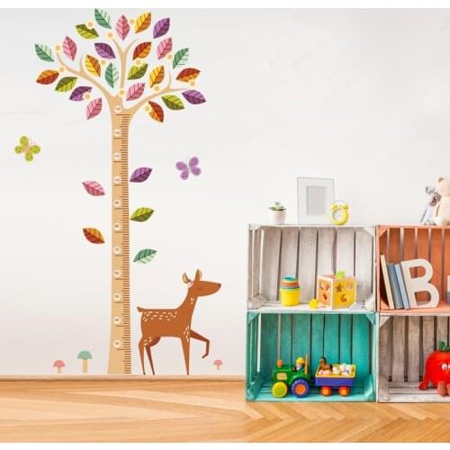 Cartoon Colored Tree Deer Height Measurement Wall Sticker Growth Chart for Childrens Room Kindergarten Wall Decoration