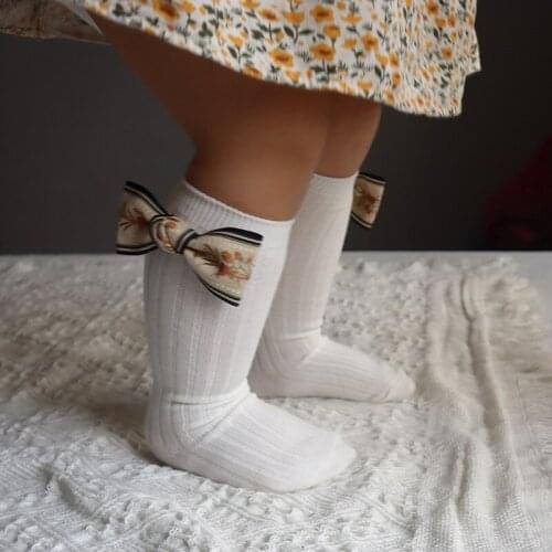 Soft Knit Baby Socks Cute Embroidery Flowers Bows Kids Girl Knee High Socks Spring Autumn Children Toddler Long Socks