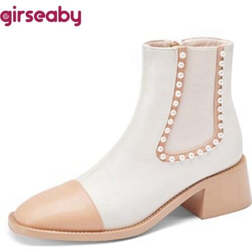 Girseaby 2021 New Designer Brand Ankle Boots for Women Zip Beads Patchwork Mixed Color Square Low Heel Black White 31-43 S2438