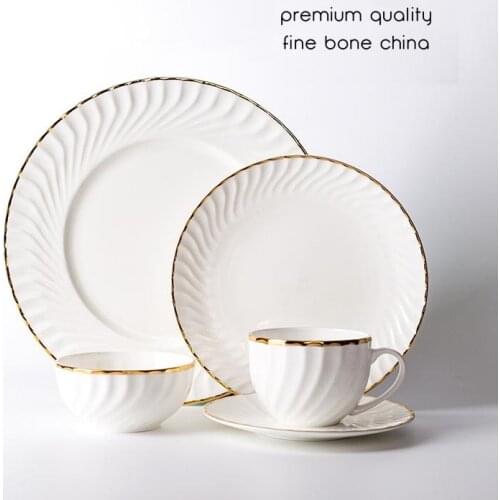 Dinner Plate Soup Bowl Cup And Saucer Dinnerware Set Golden Edge White Revolving Relief Golden Tableware Bone China Cutlery 1pcs