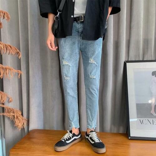 Wholesale 2020 Washing Stretch men' jeans hombre summer autumn thin streetwear Slim Distressed ripped hole teenagers feet pants