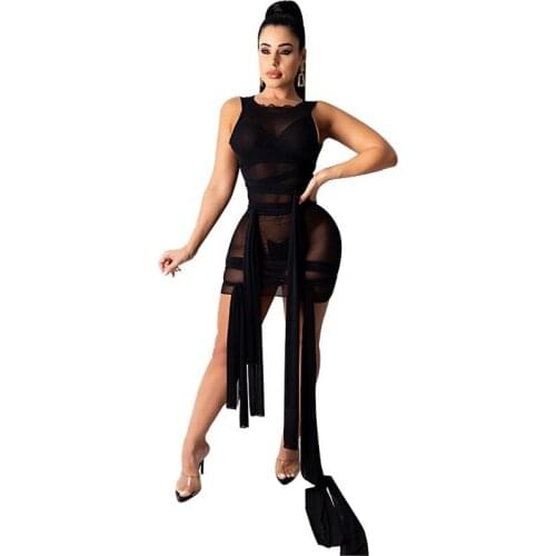 Sexy Mesh Strappy Summer Dress 2021 Bodycon Party Dresses Women Casual Clubwear Outfits See Through Sleeveless Robe Vestidos New