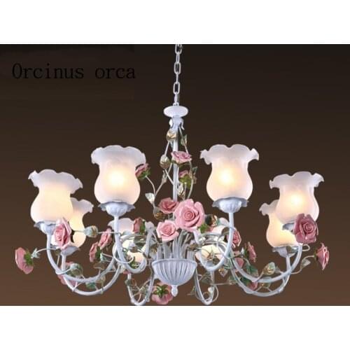 Romantic pastoral style rose chandelier iron flower lights Mediterranean living room bedroom ceiling lamp Postage free