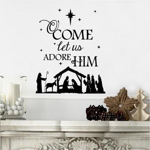O Come Let Us Adore Him with Nativity Christmas Wall Sticker Living Room Bedroom Christmas Jesus Bible Verse Wall Decal Vinyl
