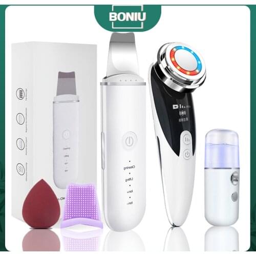 Ultrasonic Skin Scrubber Facial Massager 2+3 Set Ion Acne Blackhead Remover Peeling Shovel Cleaner EMS LED Face Lift Machine