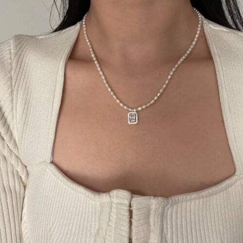 TIMEONLY Elegant Square Waterdrop CZ Zirconia Pendant Necklace Imitation Pearl Chain Necklaces for Women Korean Baroque Jewelry