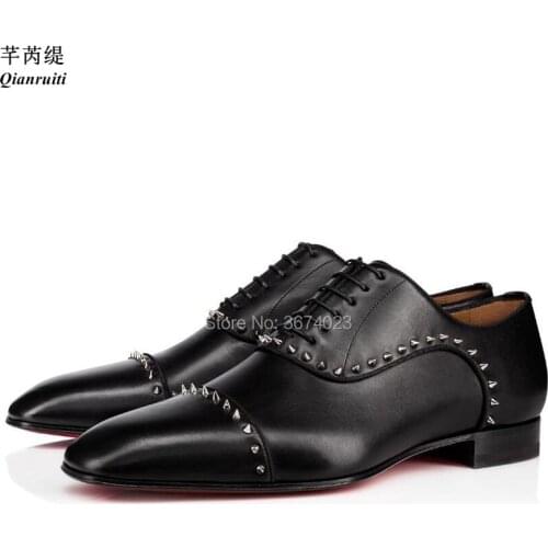 Qianruiti British Gentlemen Party Shoes Silver Rivets Studs Oxfords Shoes Lace Up Flats Office Work Shoes Fashion Men
