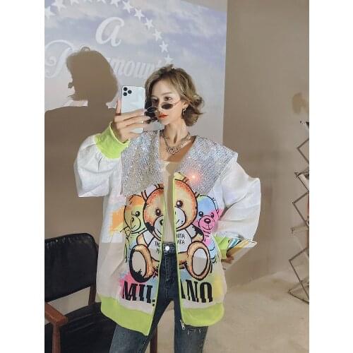European Spring Autumn New Printed V-neck Sequined Baseball Uniform Loose Chic Jackets Coats Women Fashion Streetwear 2021