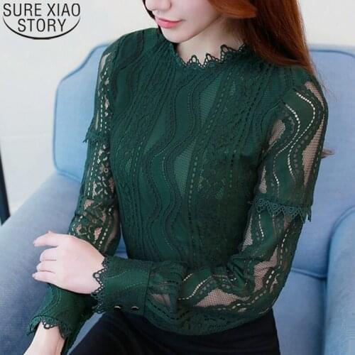Green Color Long Sleeve Lace Womens Clothing 2021 Fashion Women Blouse Shirt Hollow Out Plus Size Feminine Tops Blusas C896 30