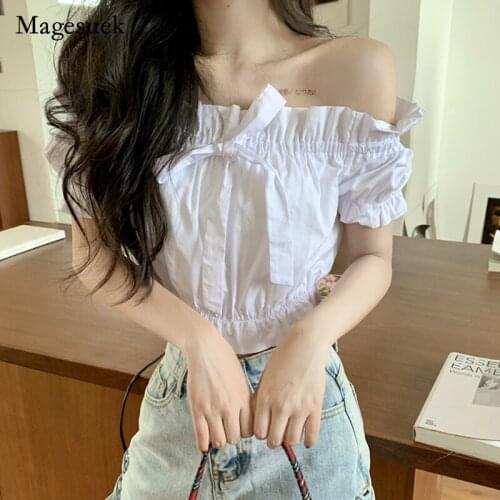 2021 Korea Style Summer Short Tops Solid Cotton Off Shoulder Slim Short Sleeve Shirt for Women Sweet Sexy Lady Shirt Blusa 14361