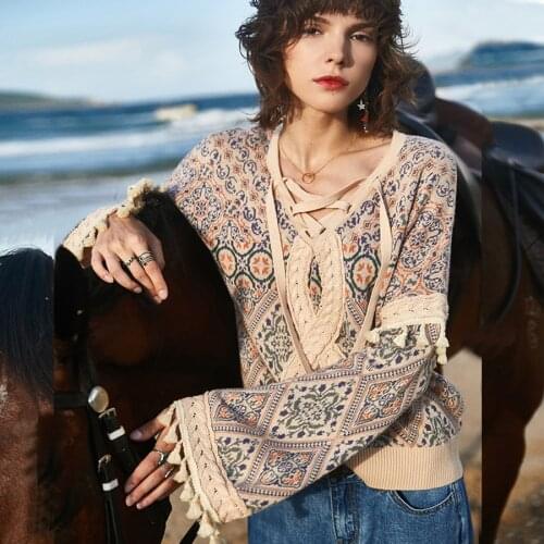 Orgypsy Boho Long Sleeve Pullover Sweater for Women Autumn Winter Warm Bandage Sweater Chic Tassel Gypsy Knitted Ethnic Sweaters