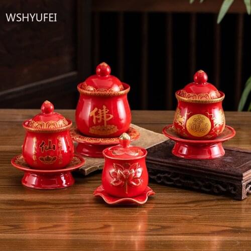 1 pc Chinese Style Holy Water Cup Ceramics God of Wealth Serving Mugs Worship Buddha Lotus Offering Cups Buddhist Supplies
