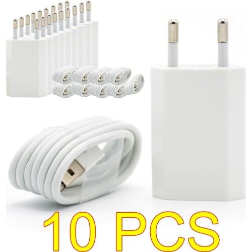 10PCS/Lot Wall EU Plug White Color USB Charger For iPhone 8 Pin Charging Cable + Charger Adapter For Apple iPhone 6 7 Plus 5S 5