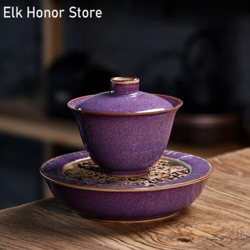 120ml Retro Ru Kiln Tea Tureen Ceramic Gracked Glaze GaiWan Hickory Wood Pot Bearing Sopera Porcelain Bowls Office Decoration