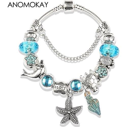 2019 New Arrival Ocean Animal Charm Bracelet Antique Silver Plated Starfish Dolphins Turtle Cusual Diy Bead Bracelet Bangle