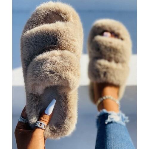 2021 Fashion Modern Slippers Women Winter Outdoor Fur Slides Fluffy Furry Shoes Ladies Flat Platform Footwear Cozy Celebrities