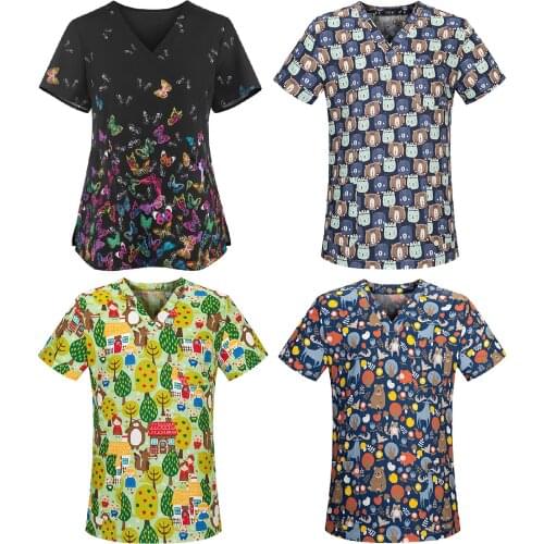 2021 Scrubs Medical Uniforms Women Fashion Women Short Sleeve V-neck Tops Working Uniform Cartoon Print Summer Uniforme Medico