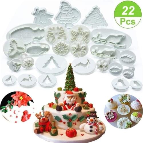 22pcs/pack Christmas Cookie Cutter Set Fondant Plunger Cutters Embossing Mold Cupcake Cake Topper Decorating Embossing Tools