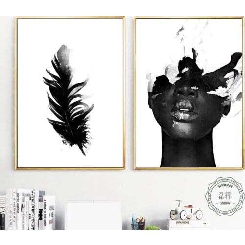 Abstract Minimalist Feather Girl Black White Posters and Prints Wall Art Canvas Painting Nordic Pictures for Modern Home Decor