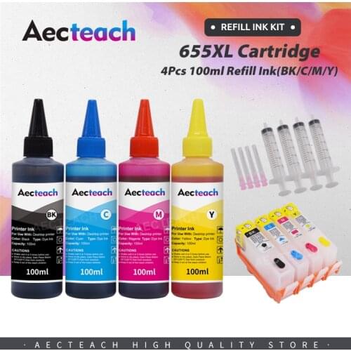 Aecteach new 4 Bottle Ink Compatible for hp 655 Refillable Ink Cartridge For hp deskjet 3525 5525 4615 4625 4525 6520 6525 6625