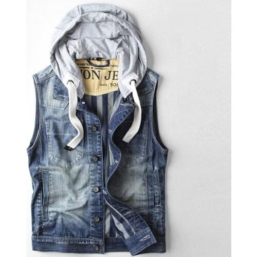 European Fashion Retro Denim Vest Hooded Coats Thin Slim Fit Spring and Summer Mens Sleeveless Waistcoat Hooded Vest Men Jacket