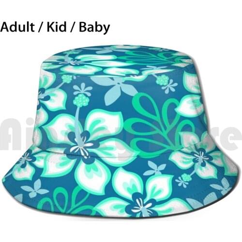 Aqua And White Hawaiian Hibiscus Flower Bloom Pattern On Blue Sun Hat Foldable UV Protection Botanical Leaf Leaves