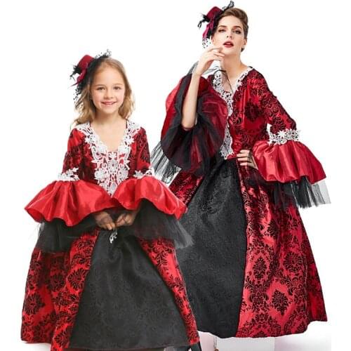 Halloween Horror Royal Court Vampire Queen Witch Cosplay Costume Mexican Day Of The Dead Party Retro gothic Parent-child Dress