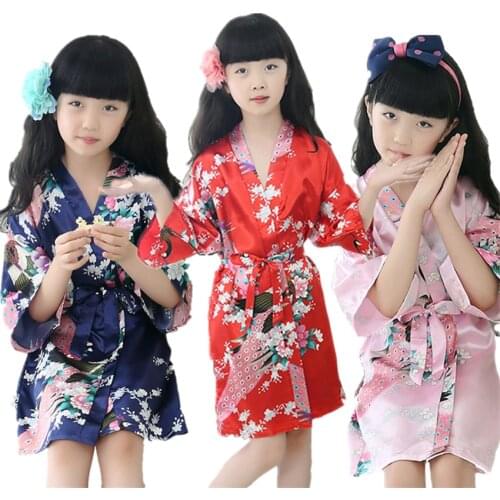 9Color Traditional Japanese Kimono Clothing for Girls Wedding Bridesmaid Peacock Yukata Pajamas Kids Silk Asian Sleepwear
