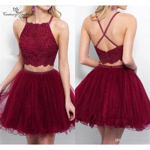 Two Pieces Burgundy Cocktail Dresses Short Lace Appliques Beaded Open Back Mini Prom Dresses Graduation Gowns Cheap 2020