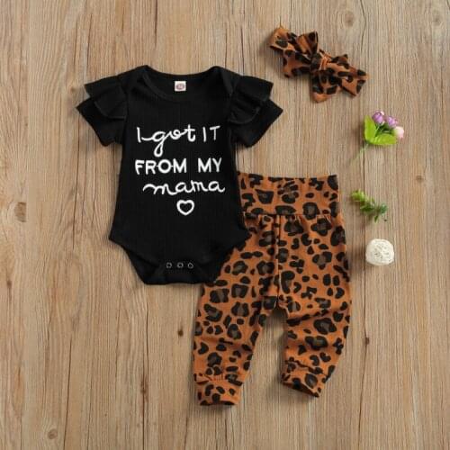 Newborn Toddler Girls 3 Pcs Outfits Suits Summer 2021, Short Sleeve Letter Printed Romper Tops + Leopard Long Pant + Headband