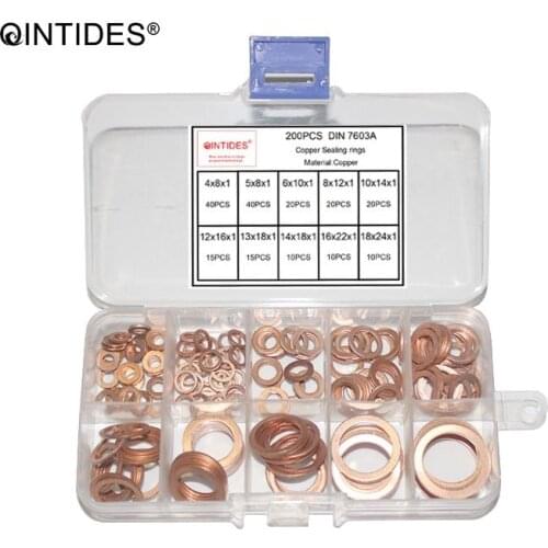QINTIDES 200 pieces M4 - M18 Thickness 1mm Copper Sealing rings Copper Gasket Seal Flat Gasket DIN 7603A Copper sealing washer