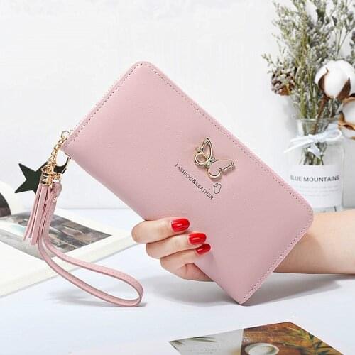 Fashion Butterfly Women Wallet Wrist Handle Phone Case Long Section Money Pocket Pouch Handbag Womens Purse Card Holders 2021