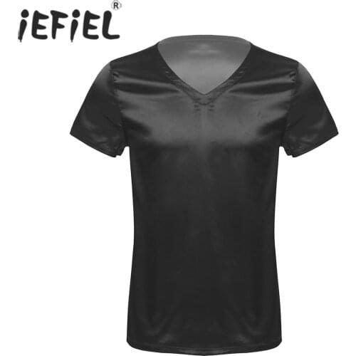 Mens Male Clothing V Neck Short Sleeve Satin Casual Comfortable T-Shirt Loose Pajamas Tops Loungewear Sleepwear Nightwear