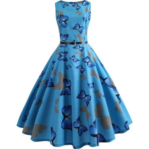 New summer Blue Butterfly painting Party Dresses Women Dress 50s 60s Retro A-Line Vintage Dress With Belt sexy dancing dress