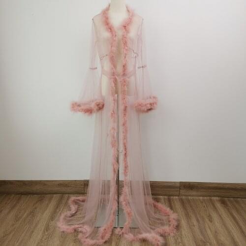 Feather Tulle Maternity Dresses Party Evening Robe Dress Sexy Long Sleeves Prom Pregnancy Gown Women Costume Baby Shower Gift